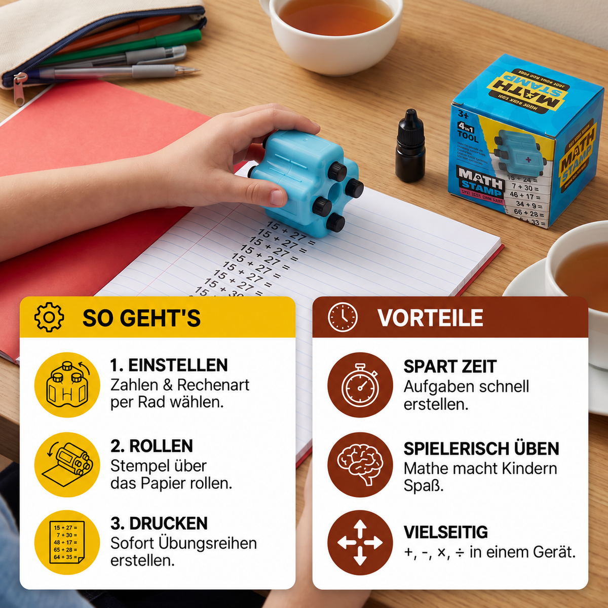 Nordspur | 4-in-1 Mathe-Rollstempel – Addition, Subtraktion, Multiplikation & Division Übung