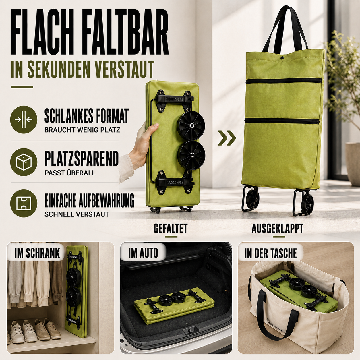 Nordspur | Rollpack Faltbarer Einkaufswagen mit Rädern