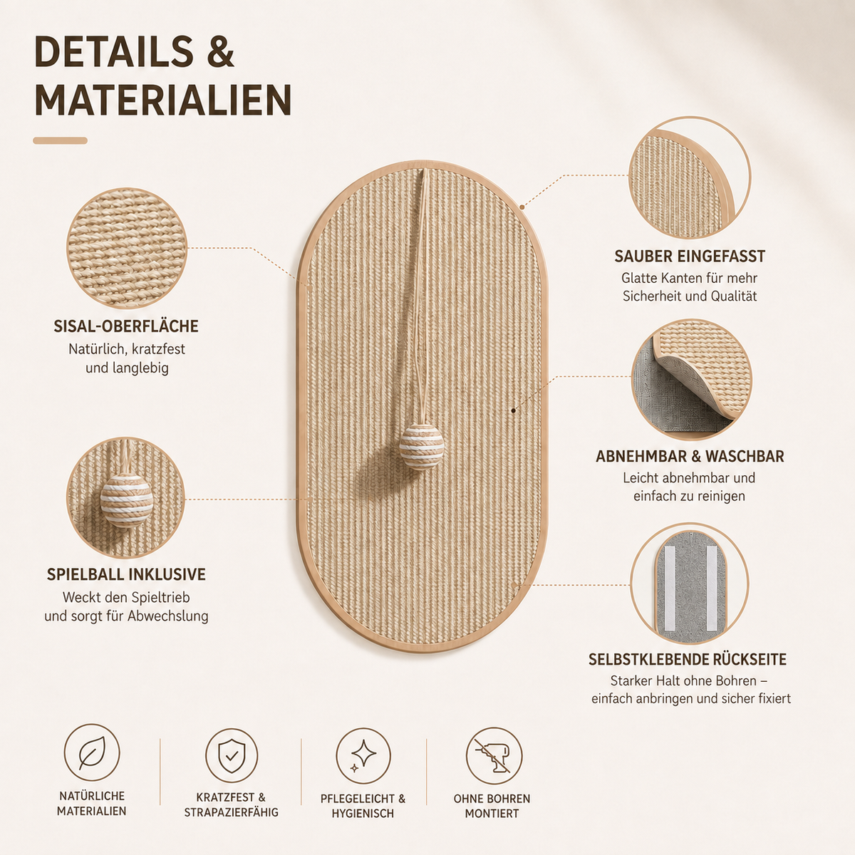 Nordspur | Scratchly Wandmontiertes Sisal-Kratzbrett mit Spielzeug