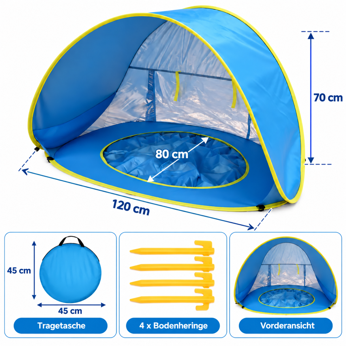Nordspur | 3-in-1 Baby Strandmuschel mit Planschbecken | UPF 50+ Pop-Up Sonnenschutz