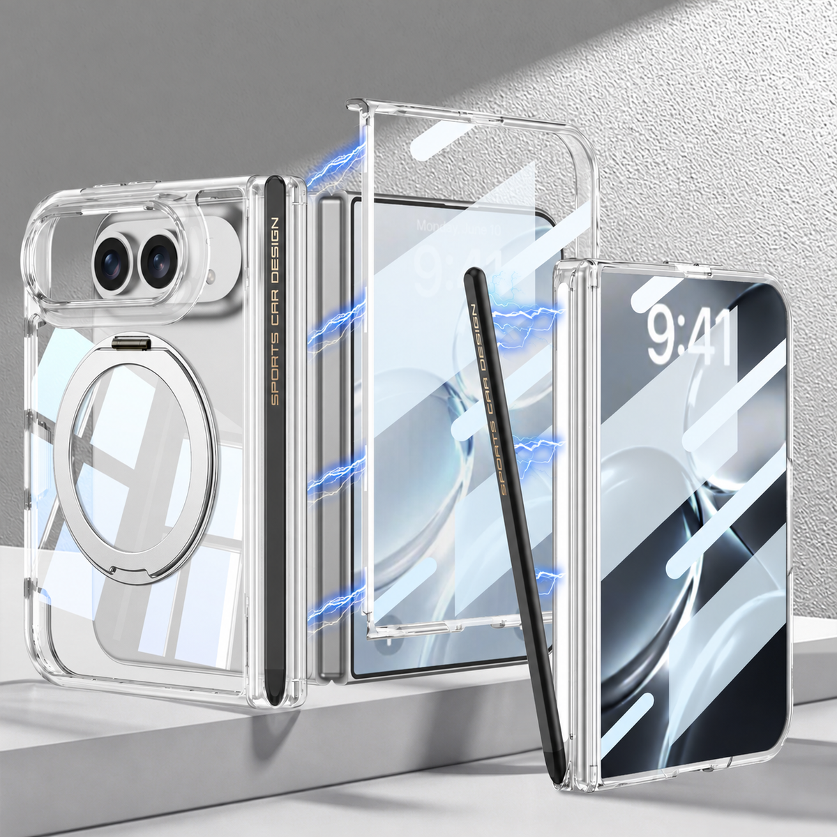 iPhone Duo Magnetische Scharnier-Schutzhülle Transparent mit Eingebauter Hartglasfolie & Magnetischem Stylus