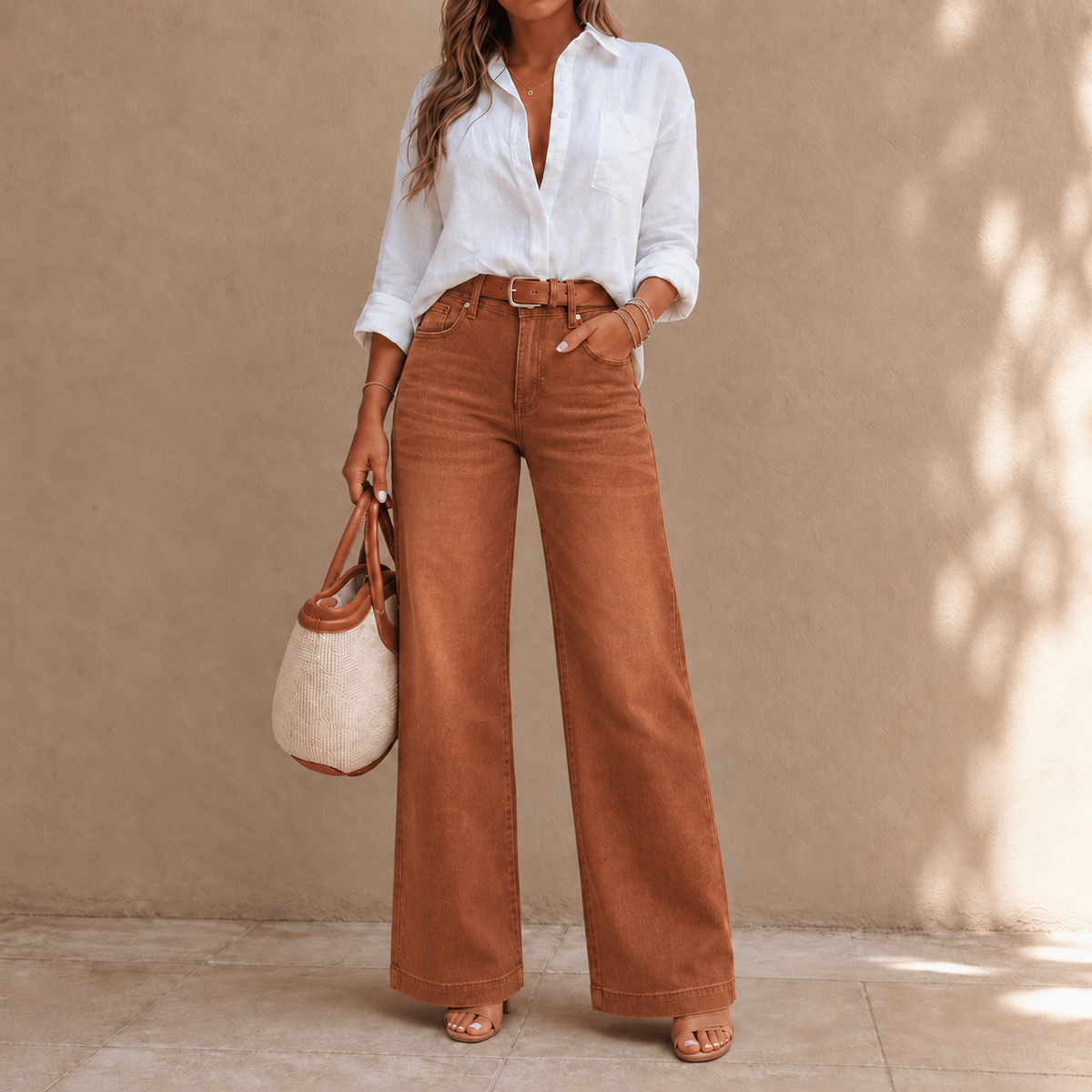 Longline Denim Look – High-Rise Wide-Leg Vintage Wash Jeans