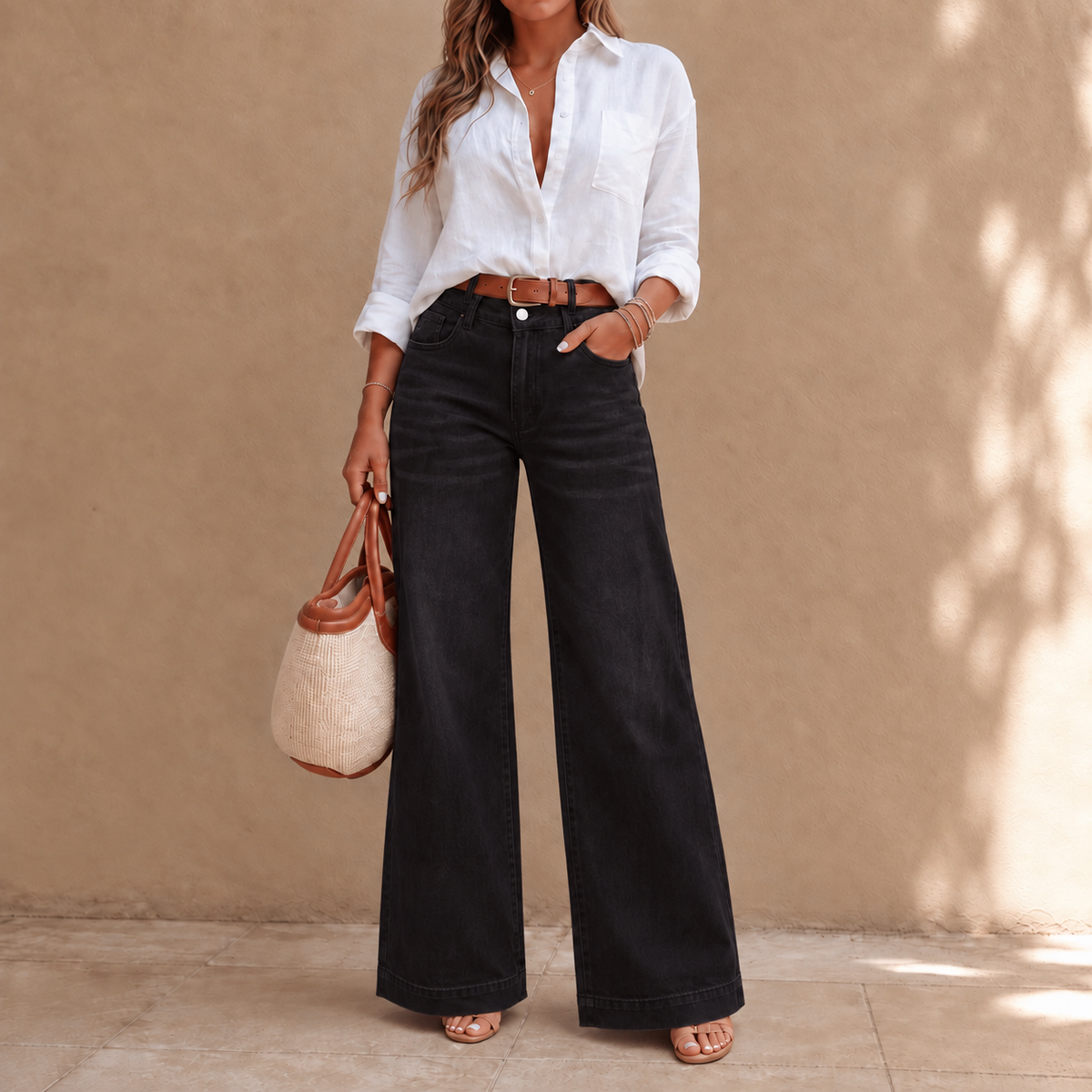 Longline Denim Look – High-Rise Wide-Leg Vintage Wash Jeans