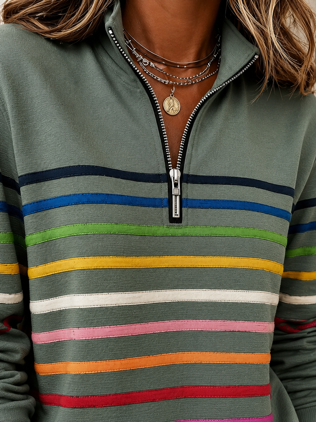 Maggie Gestreifter Pullover mit Halbreißverschluss