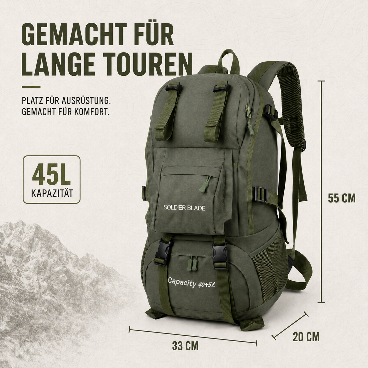 Wanderrucksack 45L Wasserabweisend – BergSturm Pro