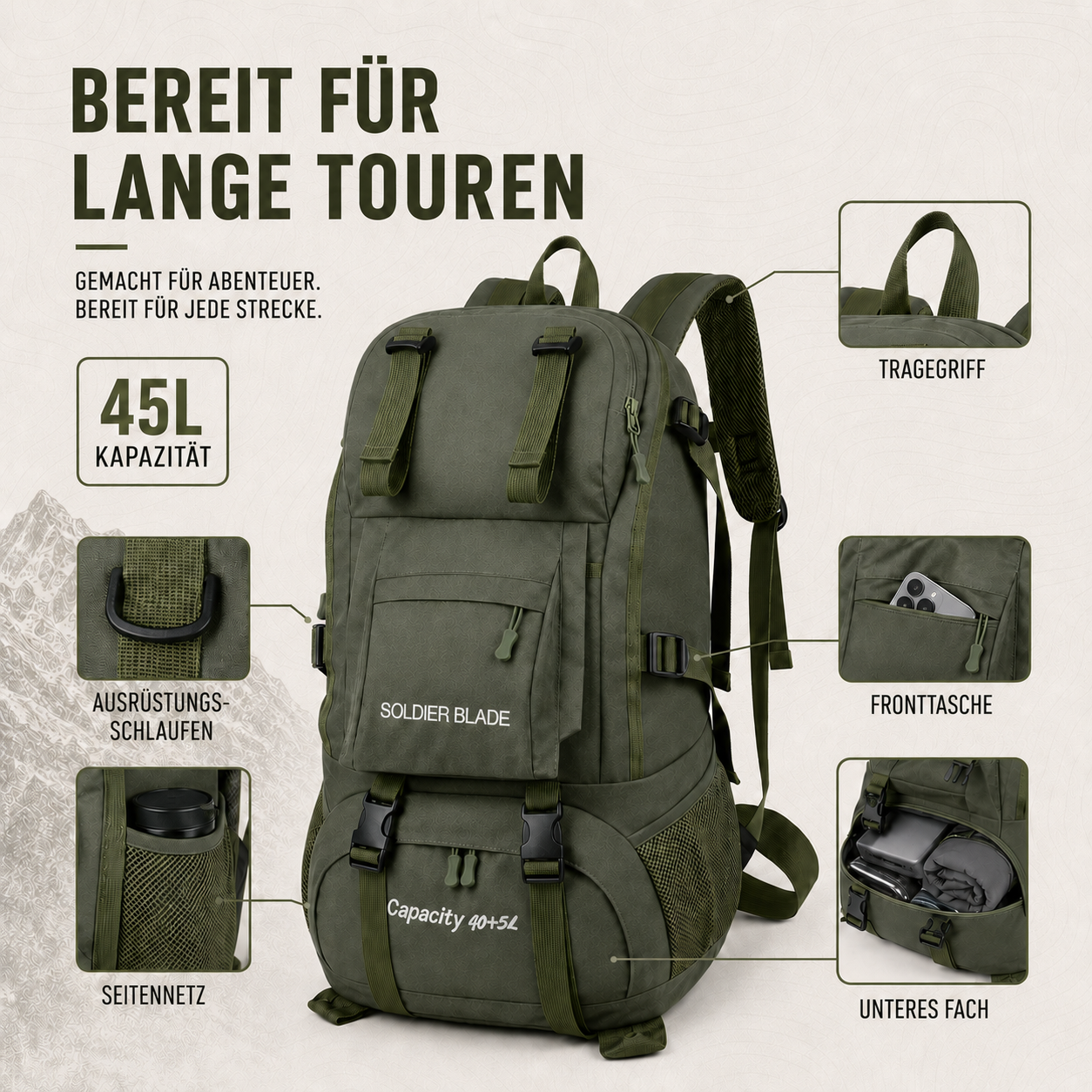 Wanderrucksack 45L Wasserabweisend – BergSturm Pro