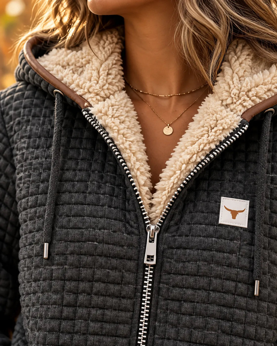 Sherpa-Gefütterte Gesteppte Zip-Up Kapuzenjacke