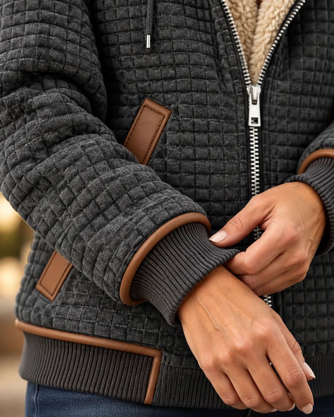 Sherpa-Gefütterte Gesteppte Zip-Up Kapuzenjacke