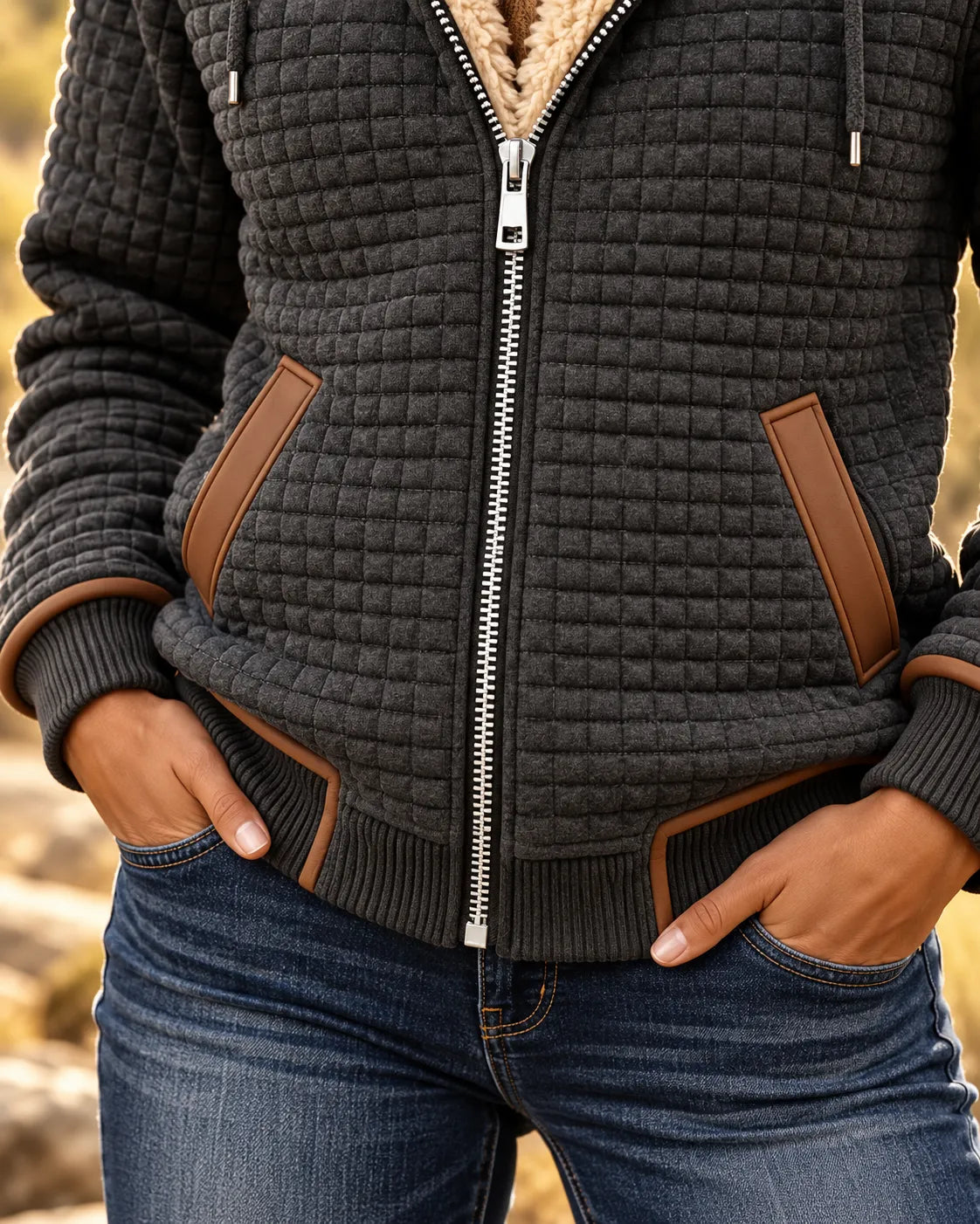 Sherpa-Gefütterte Gesteppte Zip-Up Kapuzenjacke