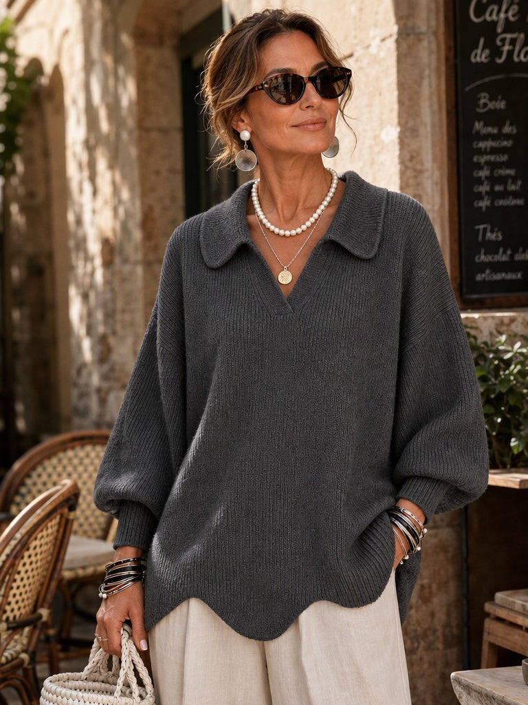Eleganter Strickpullover mit Kragen und Wellensaum