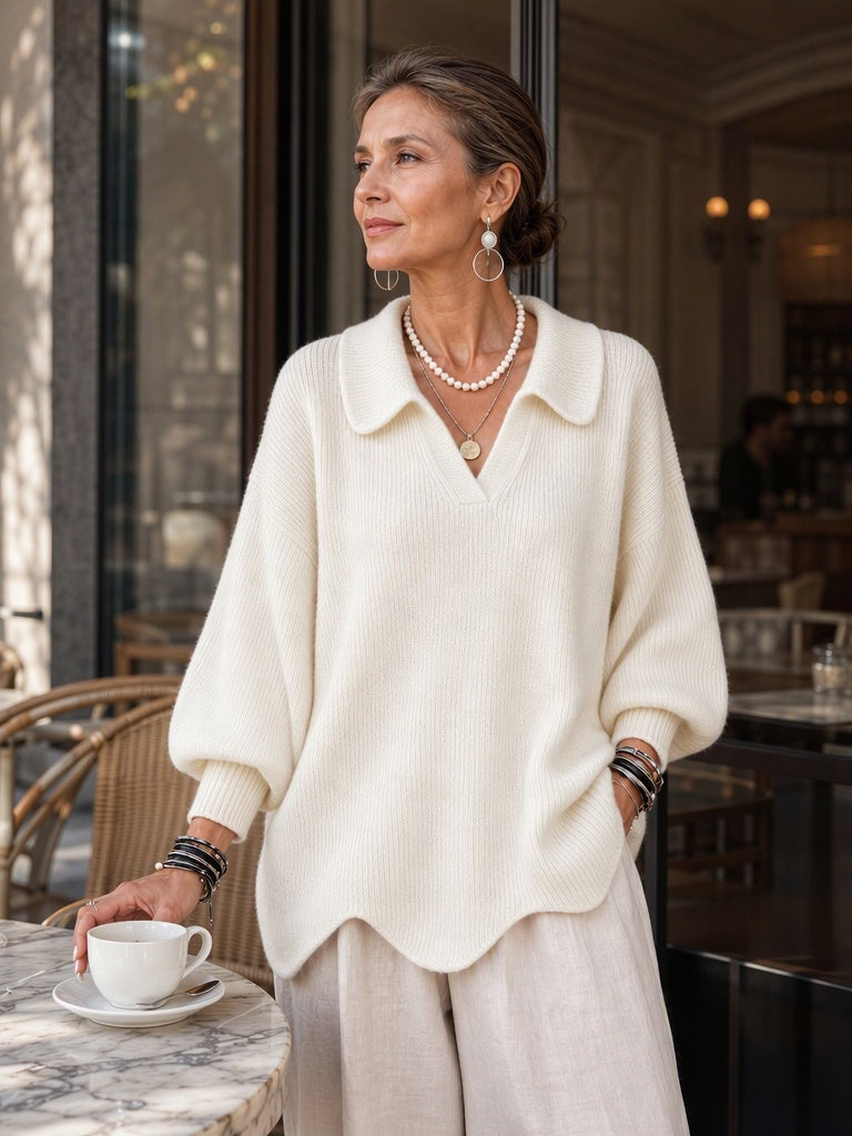 Eleganter Strickpullover mit Kragen und Wellensaum