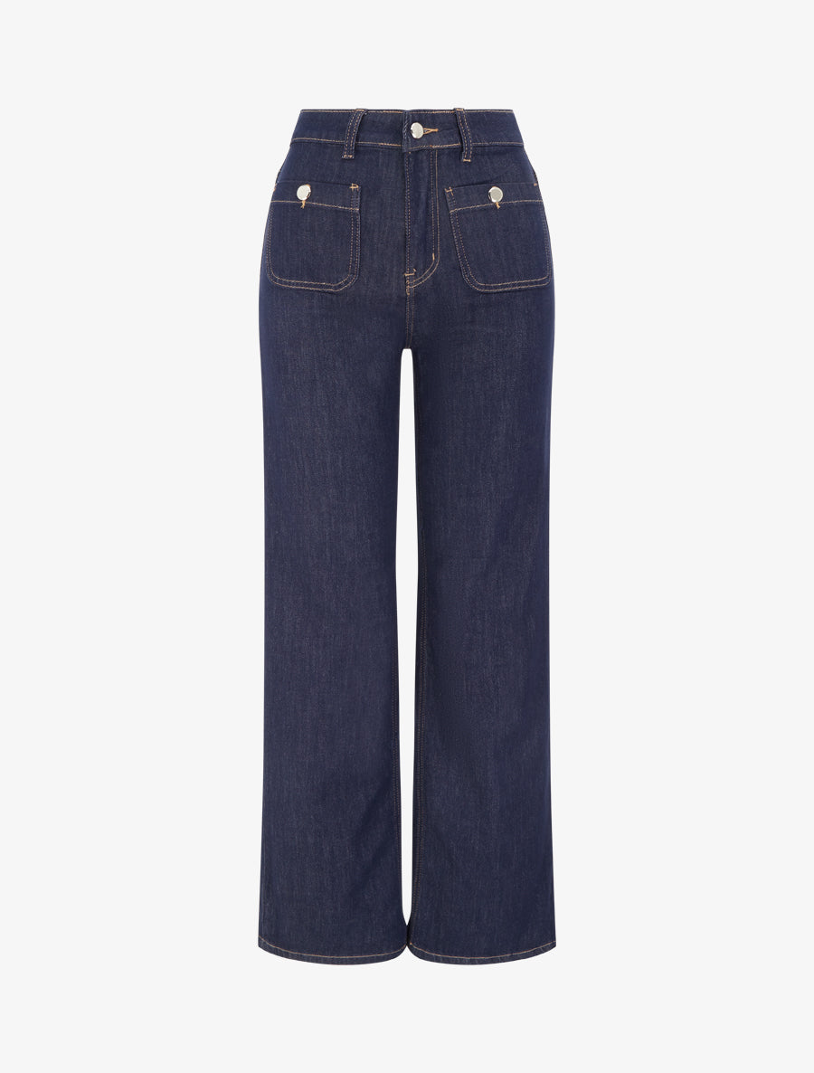 Wide Leg Jeans mit hoher Taille und goldenen Ziernähten - Rohes Blau