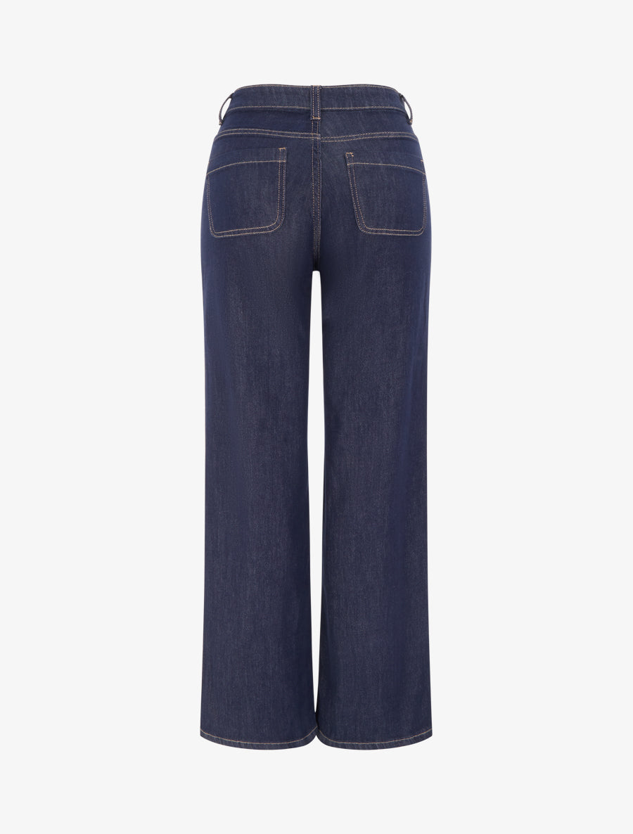 Wide Leg Jeans mit hoher Taille und goldenen Ziernähten - Rohes Blau