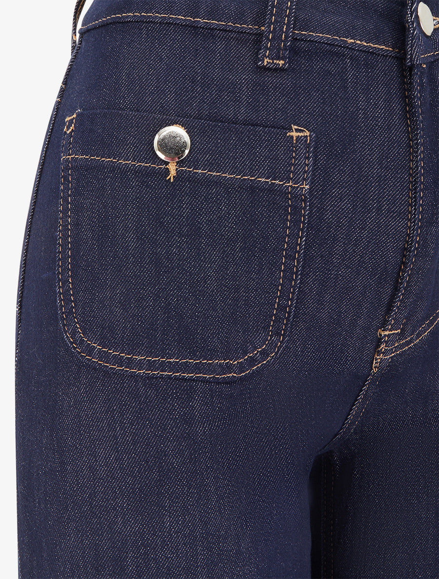 Wide Leg Jeans mit hoher Taille und goldenen Ziernähten - Rohes Blau
