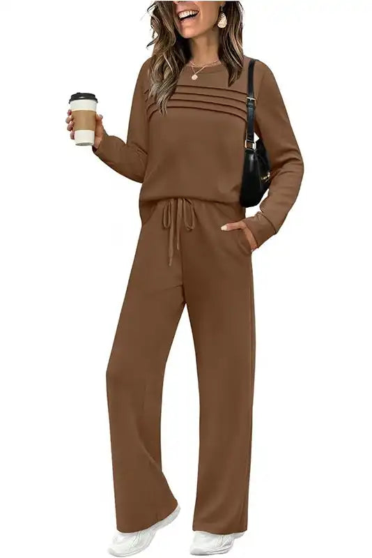 Damen Rundhals-Oberteil & Hose mit Kordelzug Set