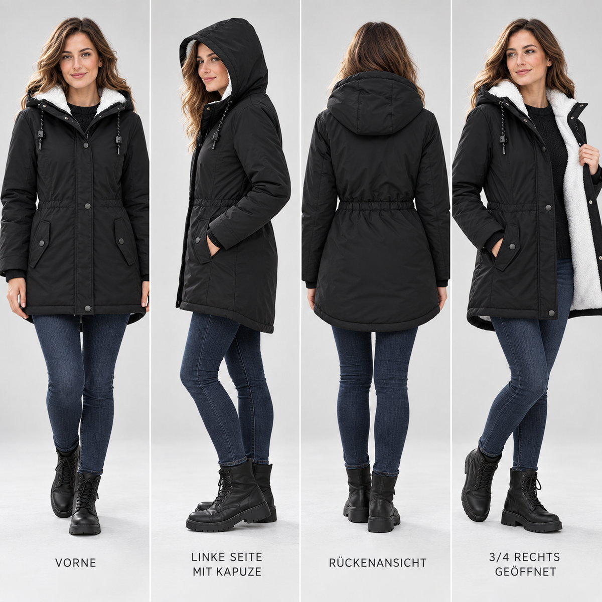Damen Fleece-gefütterte Kapuzenjacke mit langem Schnitt – Wintermantel