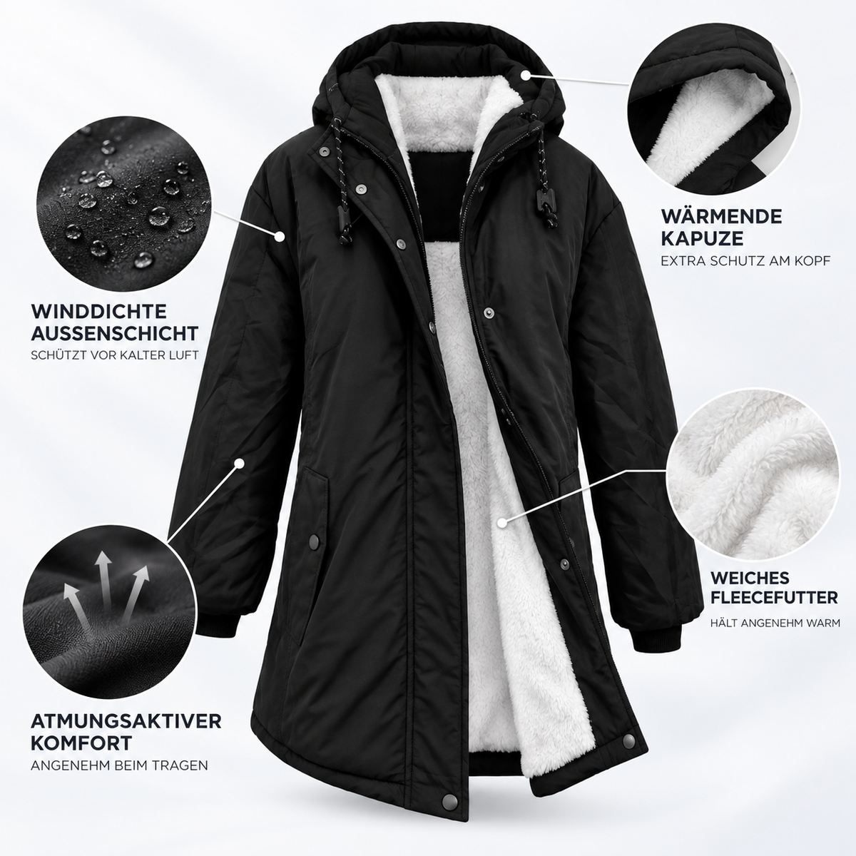Damen Fleece-gefütterte Kapuzenjacke mit langem Schnitt – Wintermantel