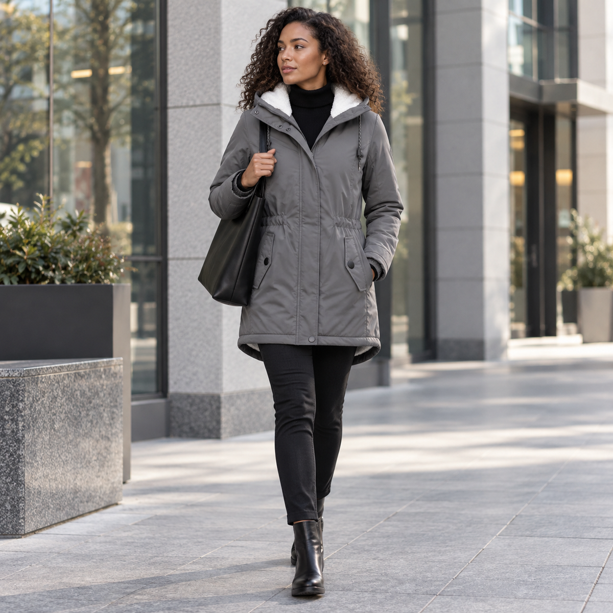 Damen Fleece-gefütterte Kapuzenjacke mit langem Schnitt – Wintermantel