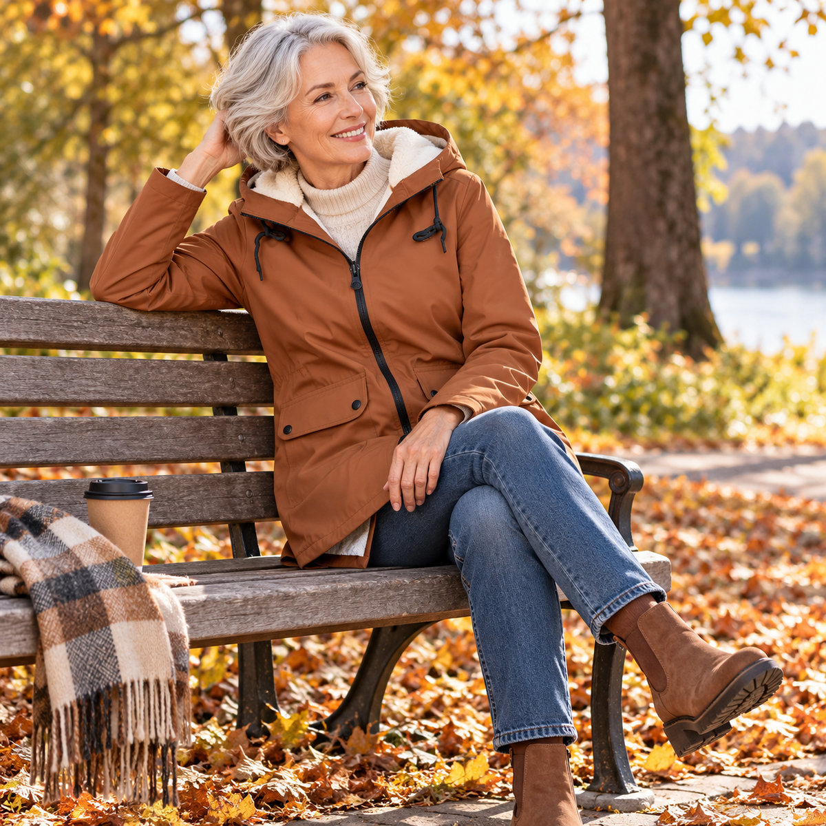 Damenmantel mit Fleece-Futter und Kapuze – Warme Winter-Regenjacke