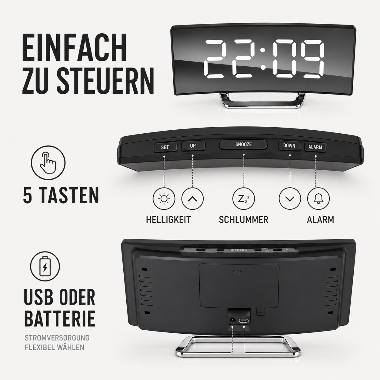 Digitaler Wecker mit Großanzeige & automatischer Dimmfunktion – CurveTime LED