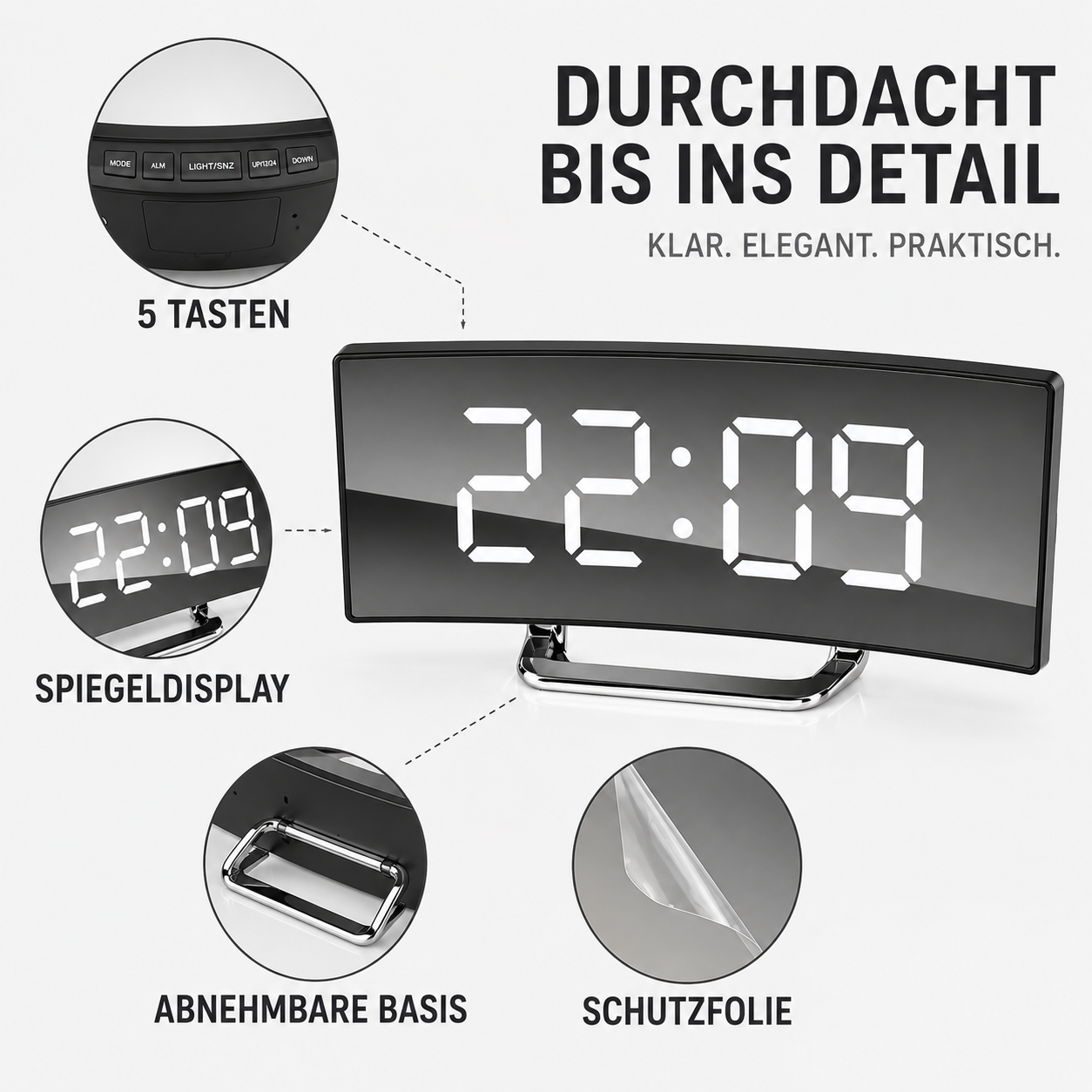 Digitaler Wecker mit Großanzeige & automatischer Dimmfunktion – CurveTime LED