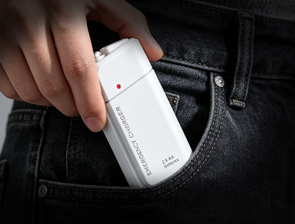 Tragbares Notladegerät mit AA-Batterien – USB-Aufladung, kompakt und mit LED-Taschenlampe – perfekt für Reisen, Pendelverkehr und Stromausfall