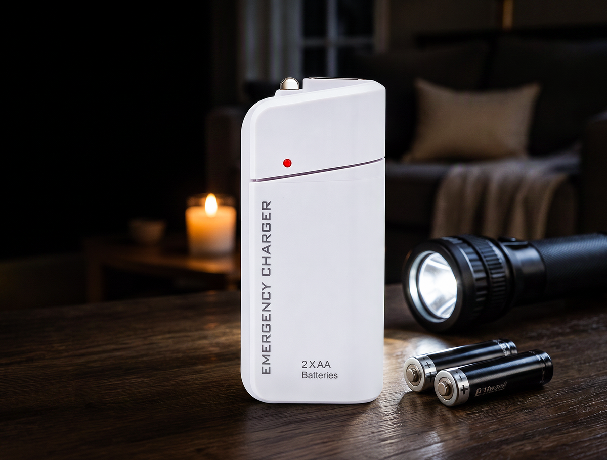 Tragbares Notladegerät mit AA-Batterien – USB-Aufladung, kompakt und mit LED-Taschenlampe – perfekt für Reisen, Pendelverkehr und Stromausfall