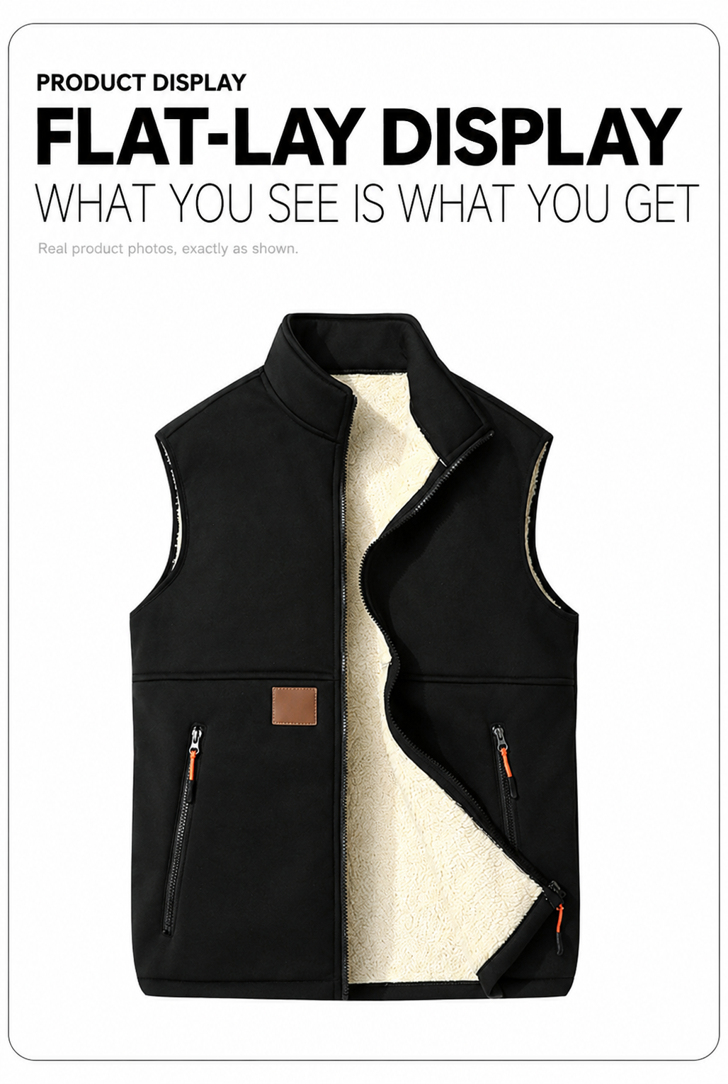 Unisex Fleece-gefütterte Winterweste, Durchgehender Reißverschluss Stehkragen Gilet mit Reißverschlusstaschen
