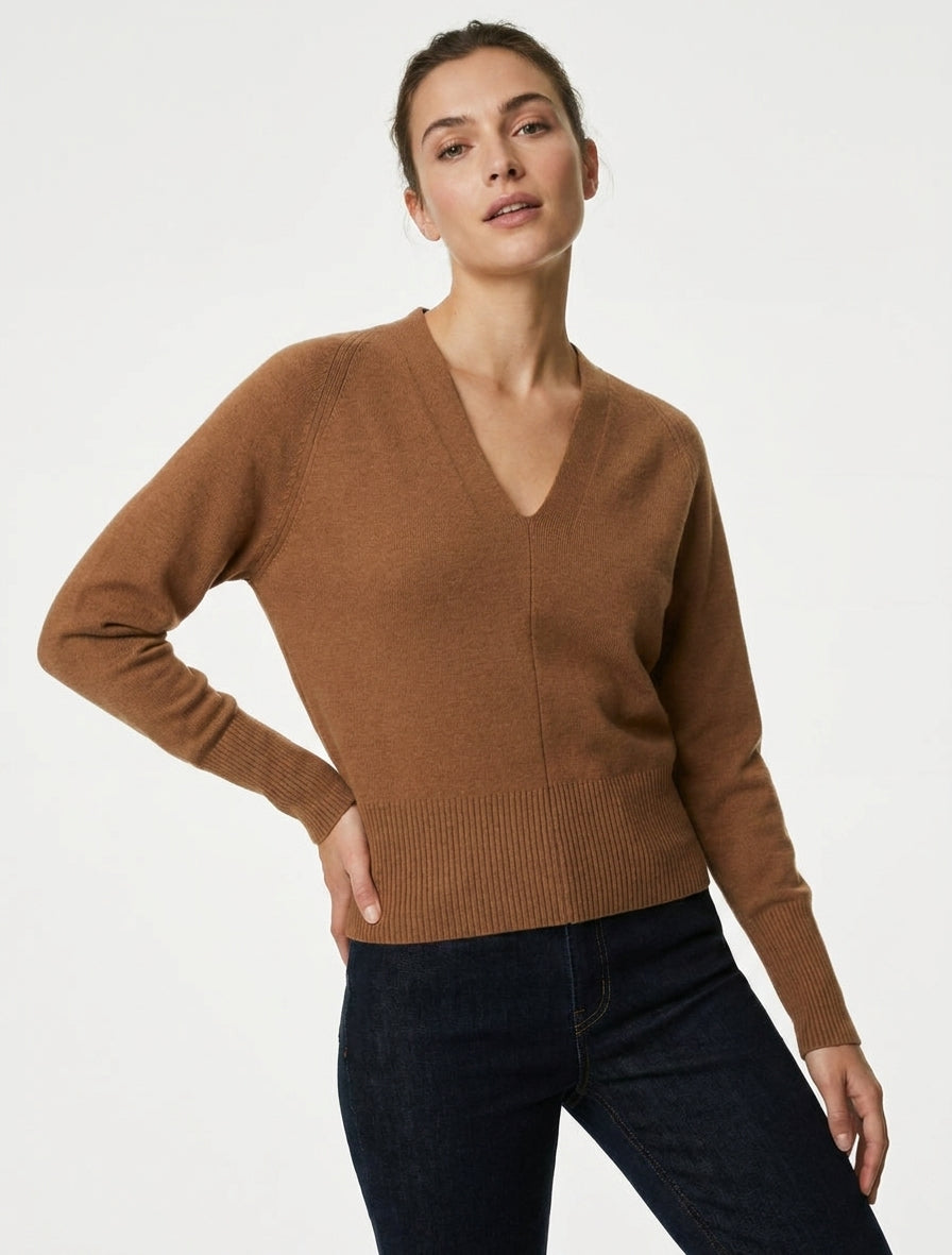 Pullover uni Strick tailliert V-Ausschnitt - Camel