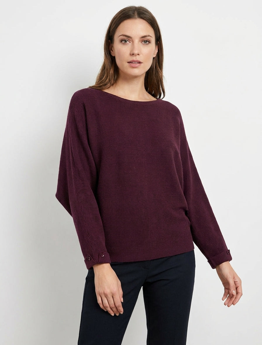 Gerippter Pullover mit U-Boot-Ausschnitt - Weinrot