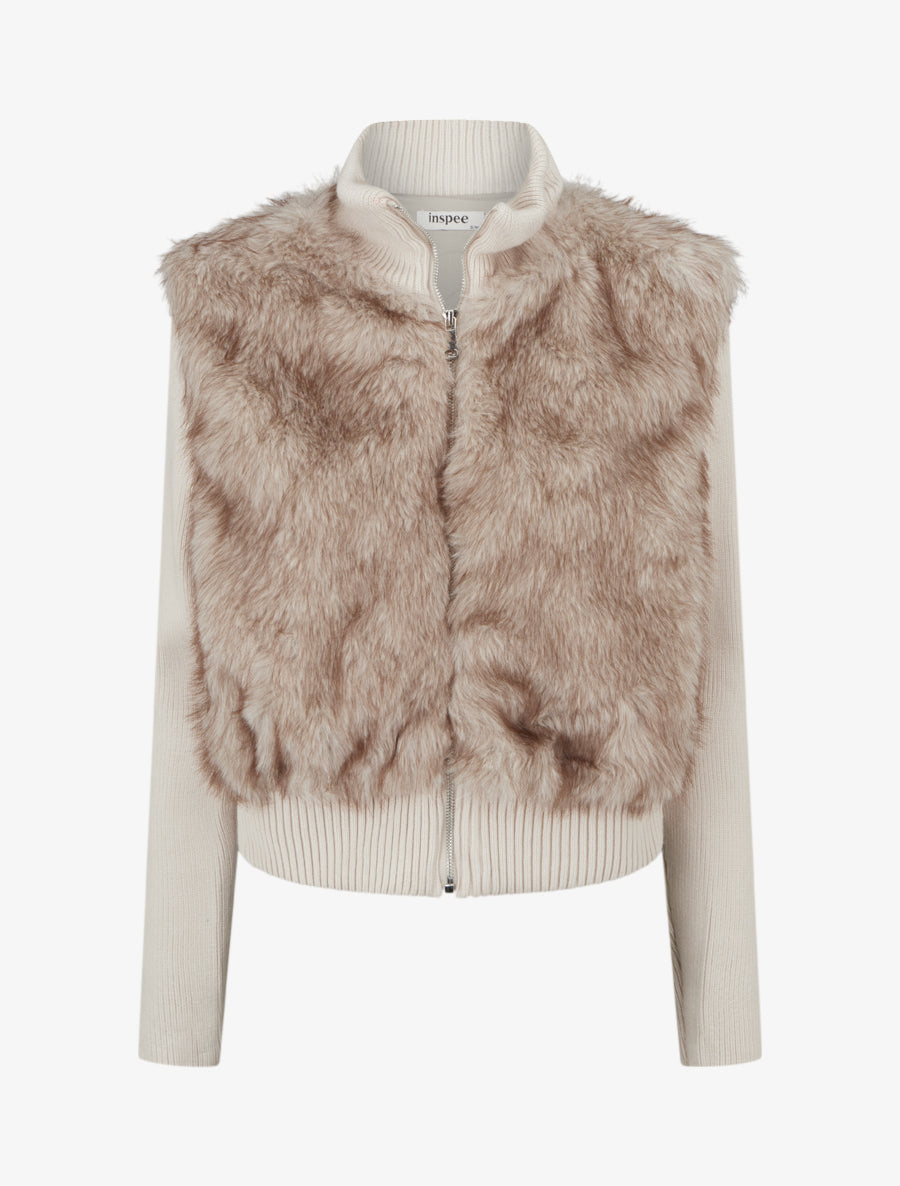 Gerippte Jacke mit Stehkragen und Kunstfell