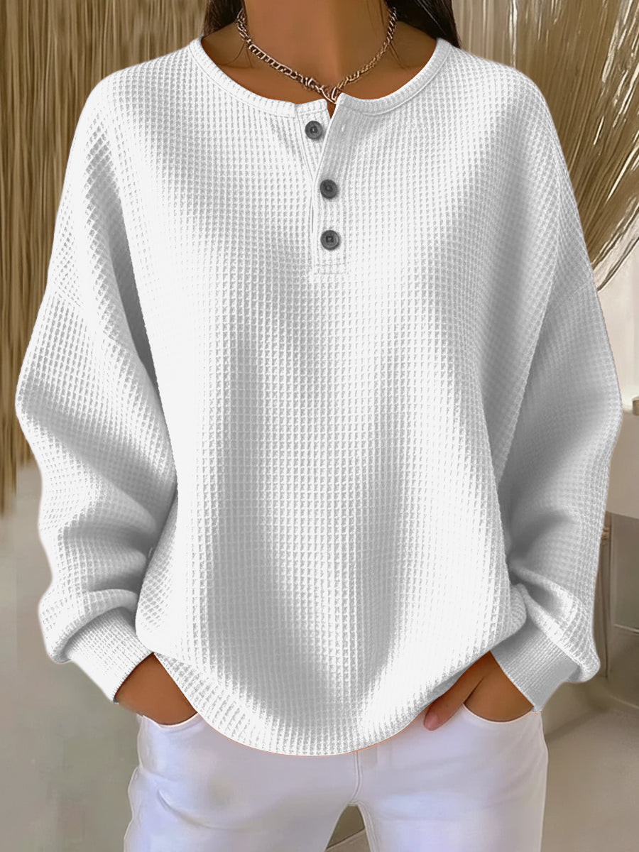 Unifarbener Waffelstrick-Pullover mit Knöpfen