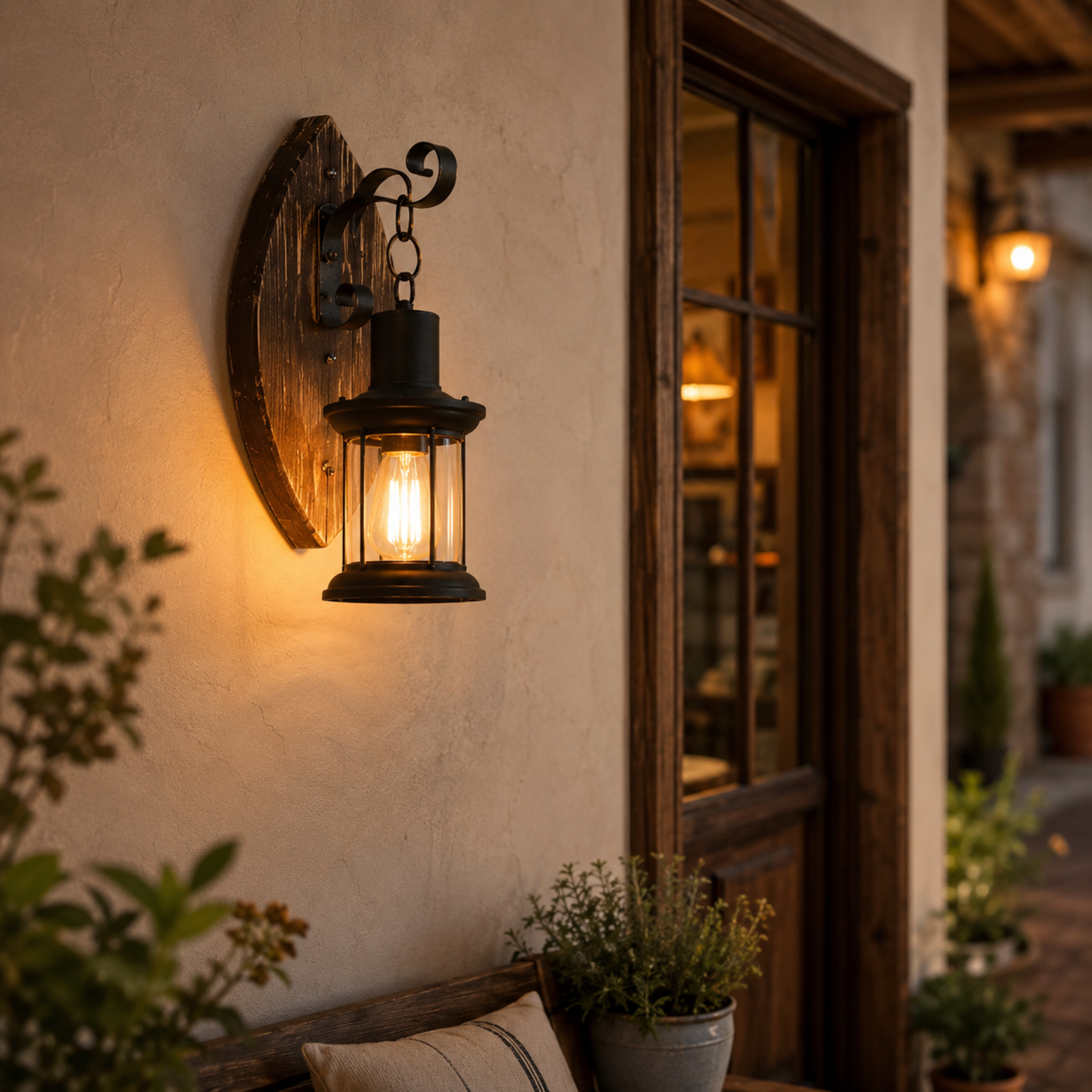 Innenbeleuchtung Vintage Wandlampe mit Holzrückwand – LanternGlow Light