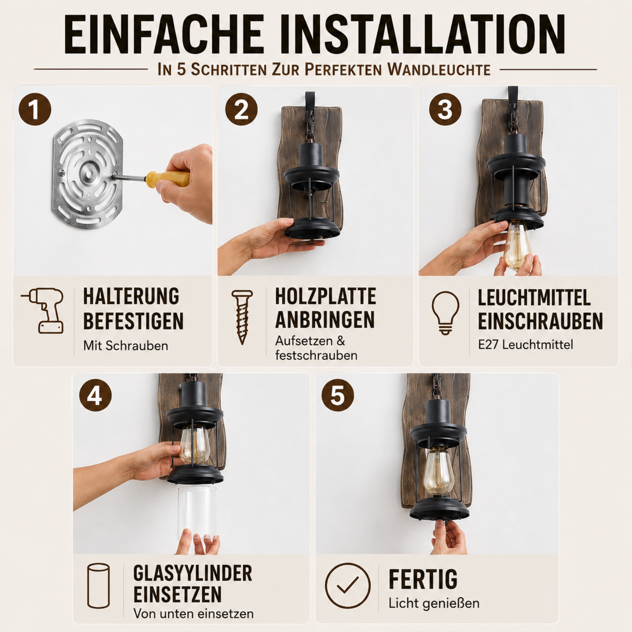 Innenbeleuchtung Vintage Wandlampe mit Holzrückwand – LanternGlow Light