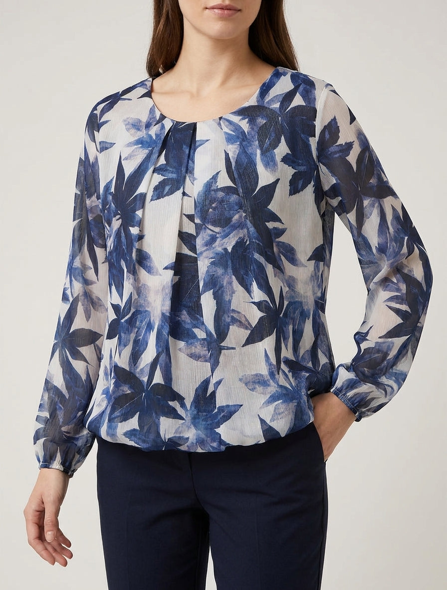Top mit Ballonform, plissiertem Kragen und Print