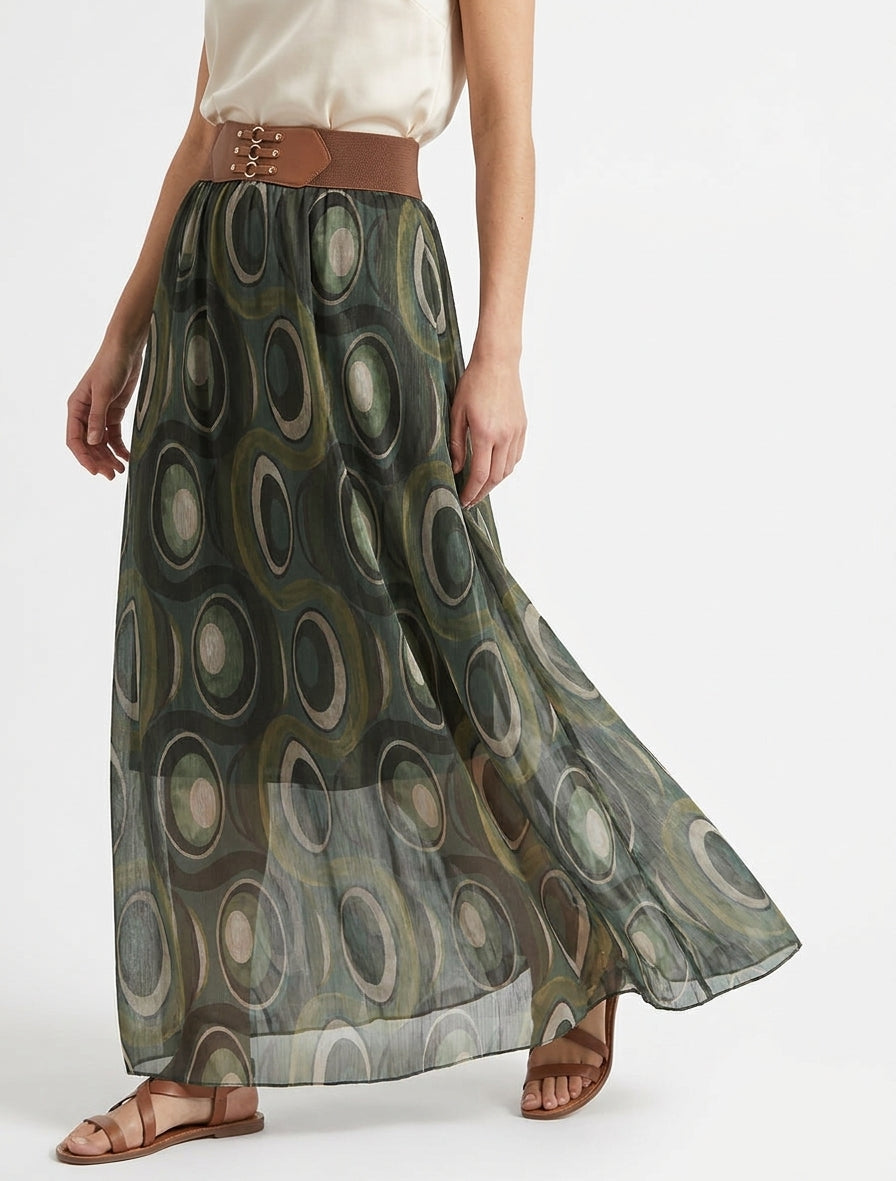 Langer Rock aus schillerndem Voile mit hoher Taille - Khaki