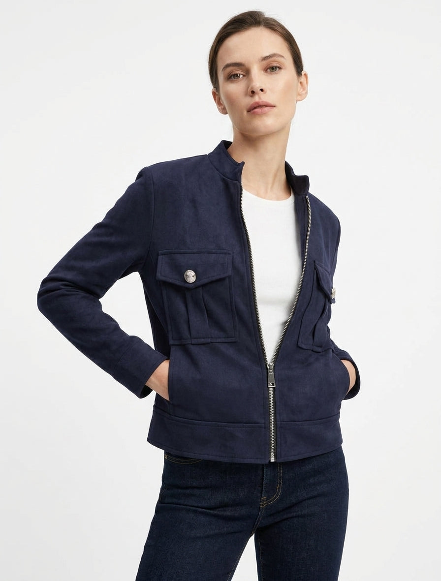 Jacke aus Wildlederimitat mit Stehkragen und Reißverschluss