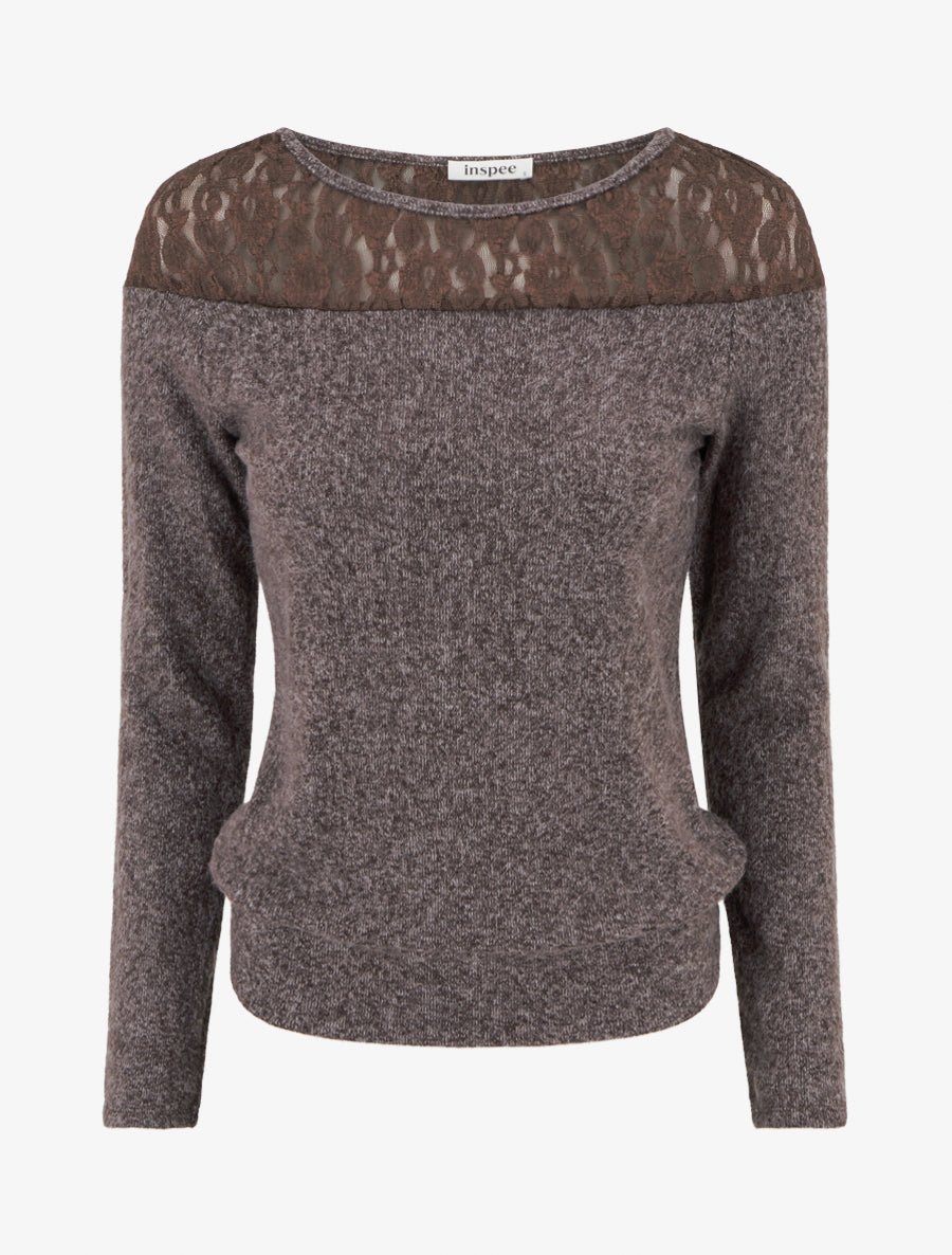 Flauschiger Pullover mit Rundhalsausschnitt und Spitze