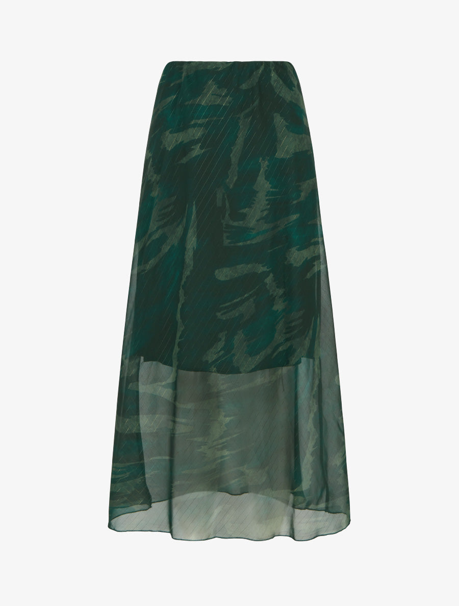 Langer Rock mit hoher Taille aus irisierendem Voile - Dunkelgrün