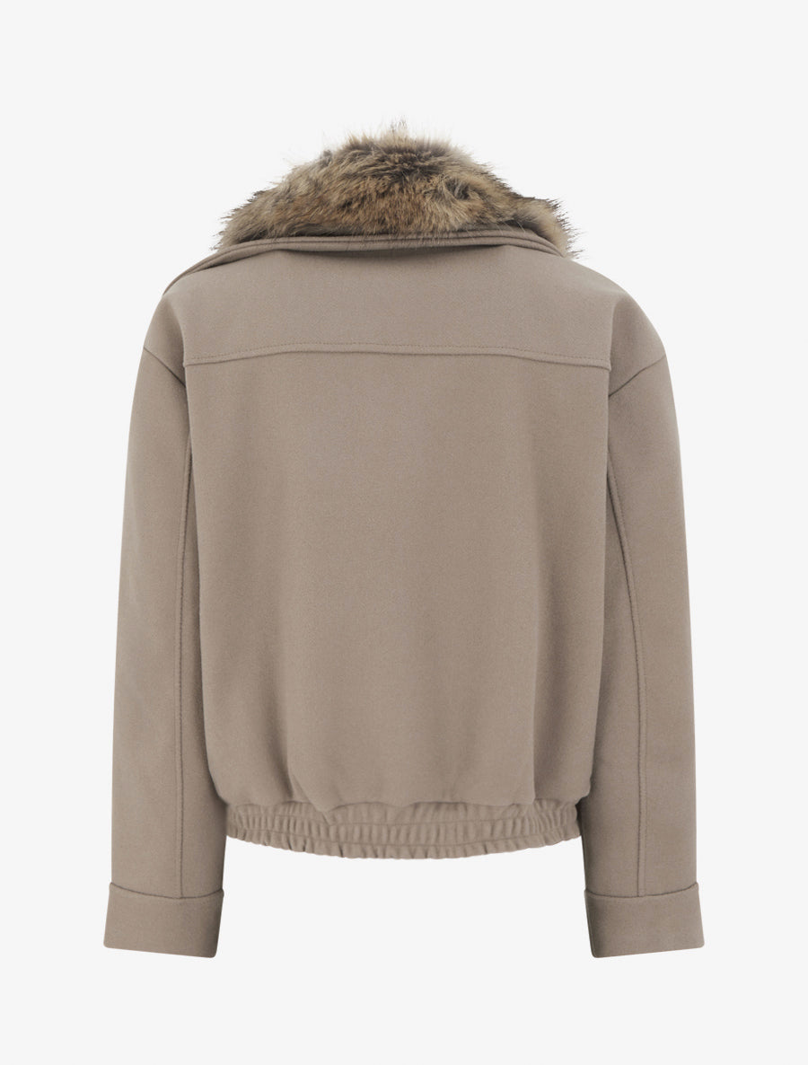 Gerade geschnittene Perfecto-Jacke mit abnehmbarem Kunstfell - Taupe
