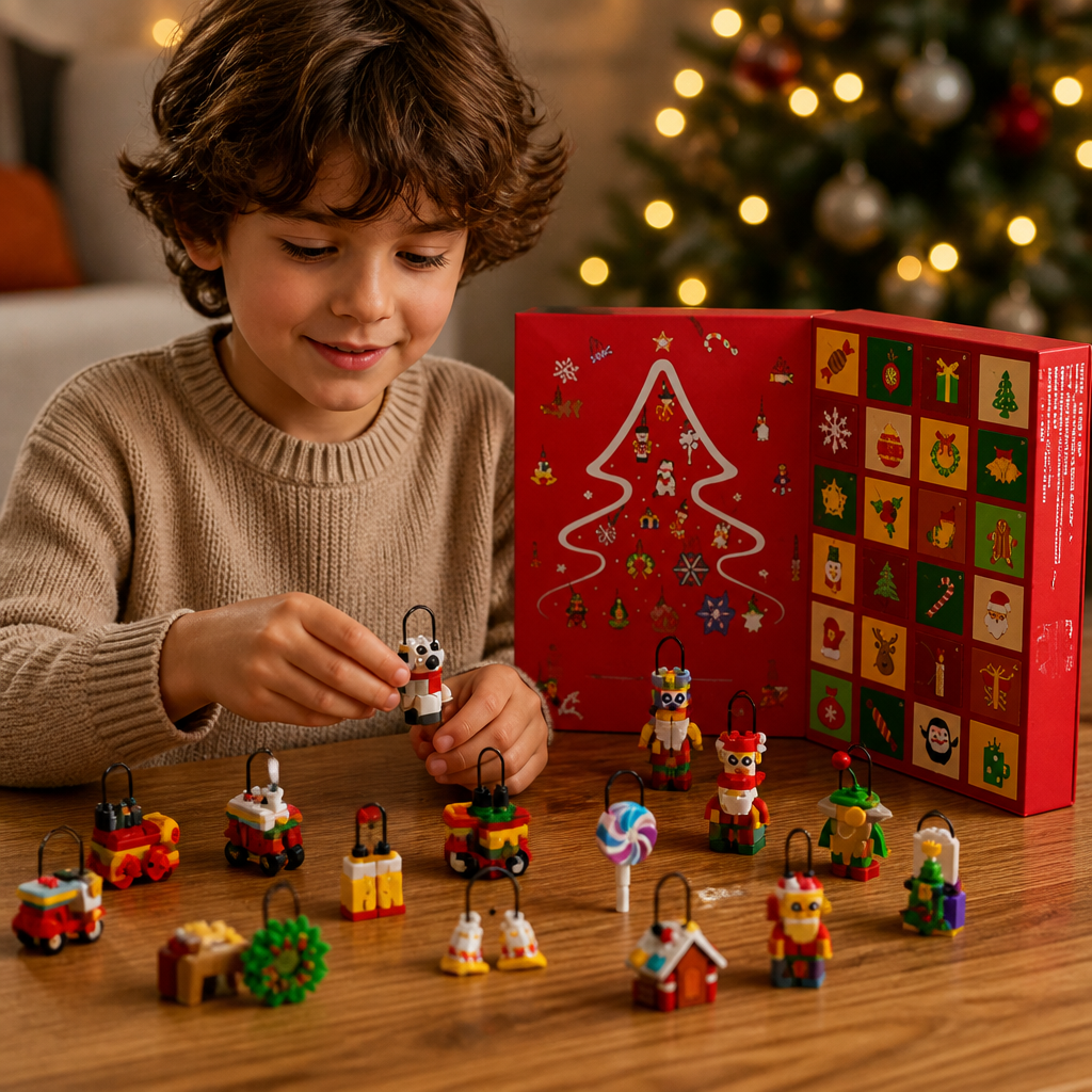 Adventskalender aus Bausteinen für Weihnachtsdekorationen