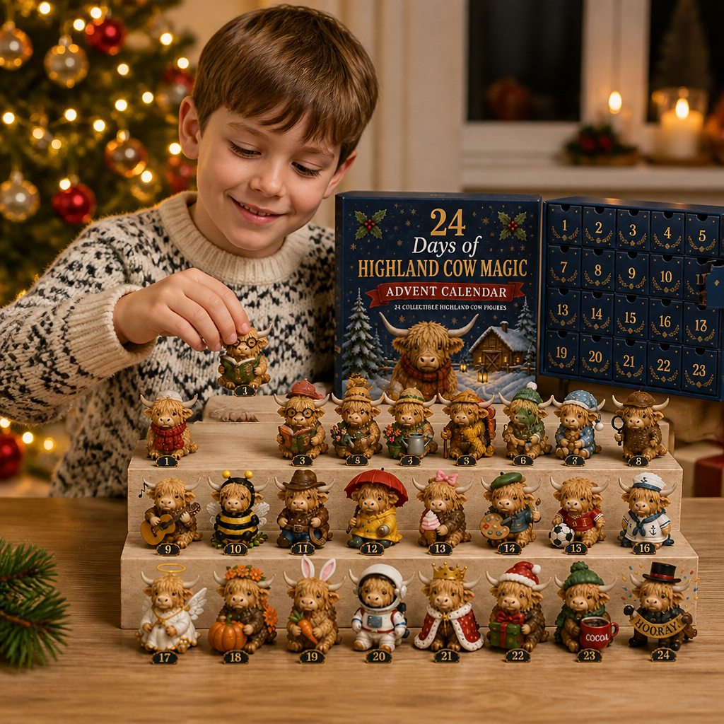 24-tägiger Adventskalender mit sammelwürdigen Mini-Figuren von Highland-Rindern