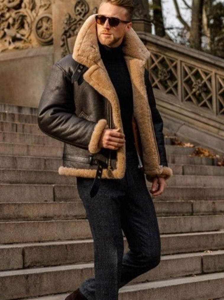 Kaldiro | Herren Aviator-Jacke mit Lammfell-Futter und Reißverschluss, lässig für den Alltag