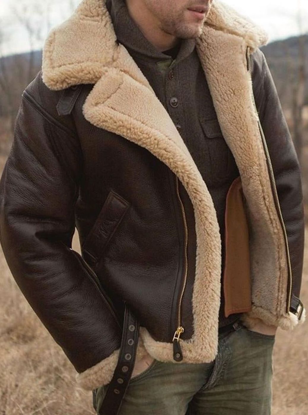 Kaldiro | Herren Aviator-Jacke mit Lammfell-Futter und Reißverschluss, lässig für den Alltag