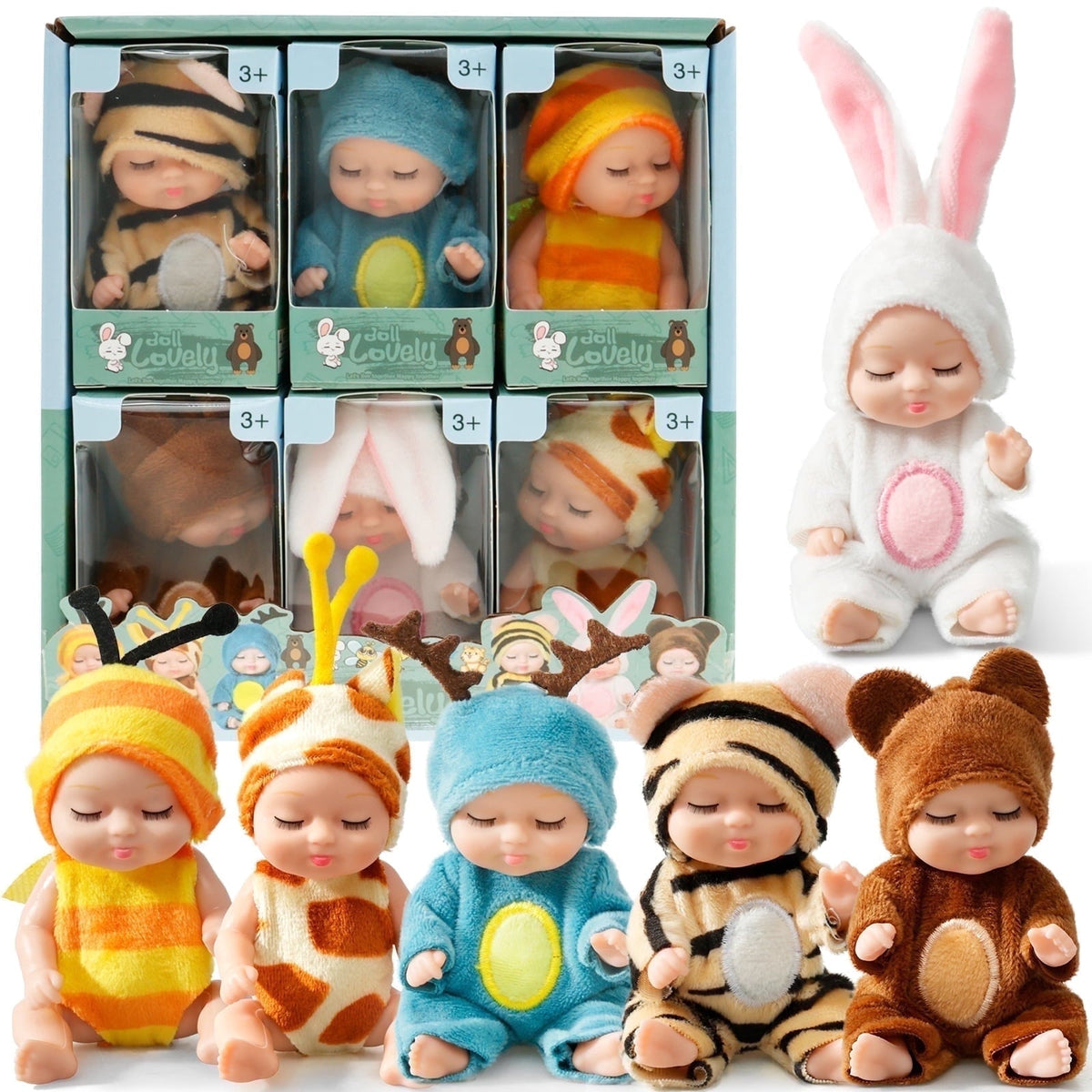6-teiliges Mini Reborn Babypuppen-Set mit Tier-Outfits