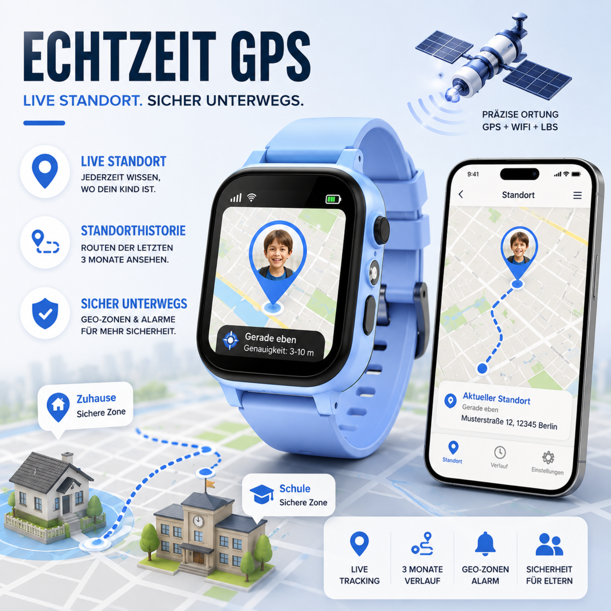 Kinder GPS-Smartwatch mit Videoanruf, Kamera & SOS-Funktion – SafeTrack Watch