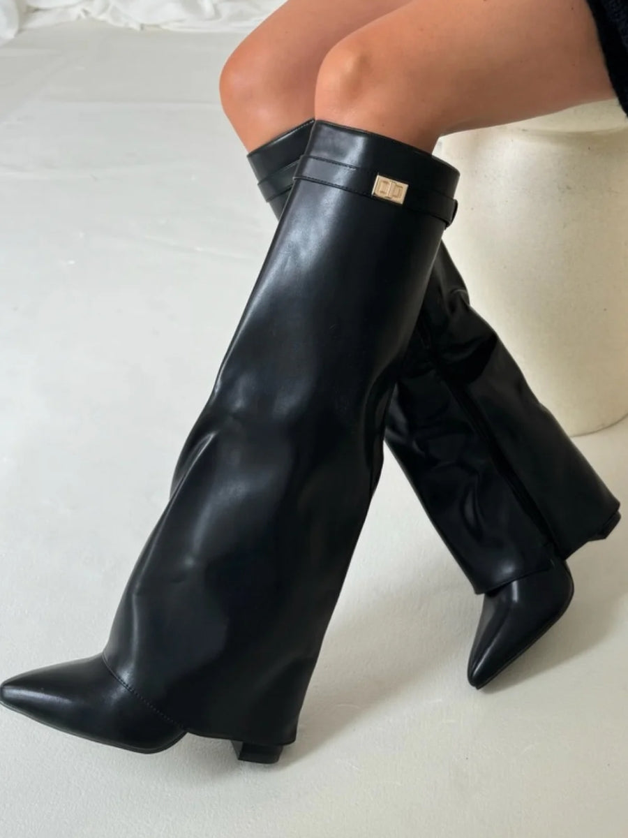 Kniehohe Stiefel – Damenstiefel aus Wildlederimitat mit spitzer Zehenpartie und Absatz