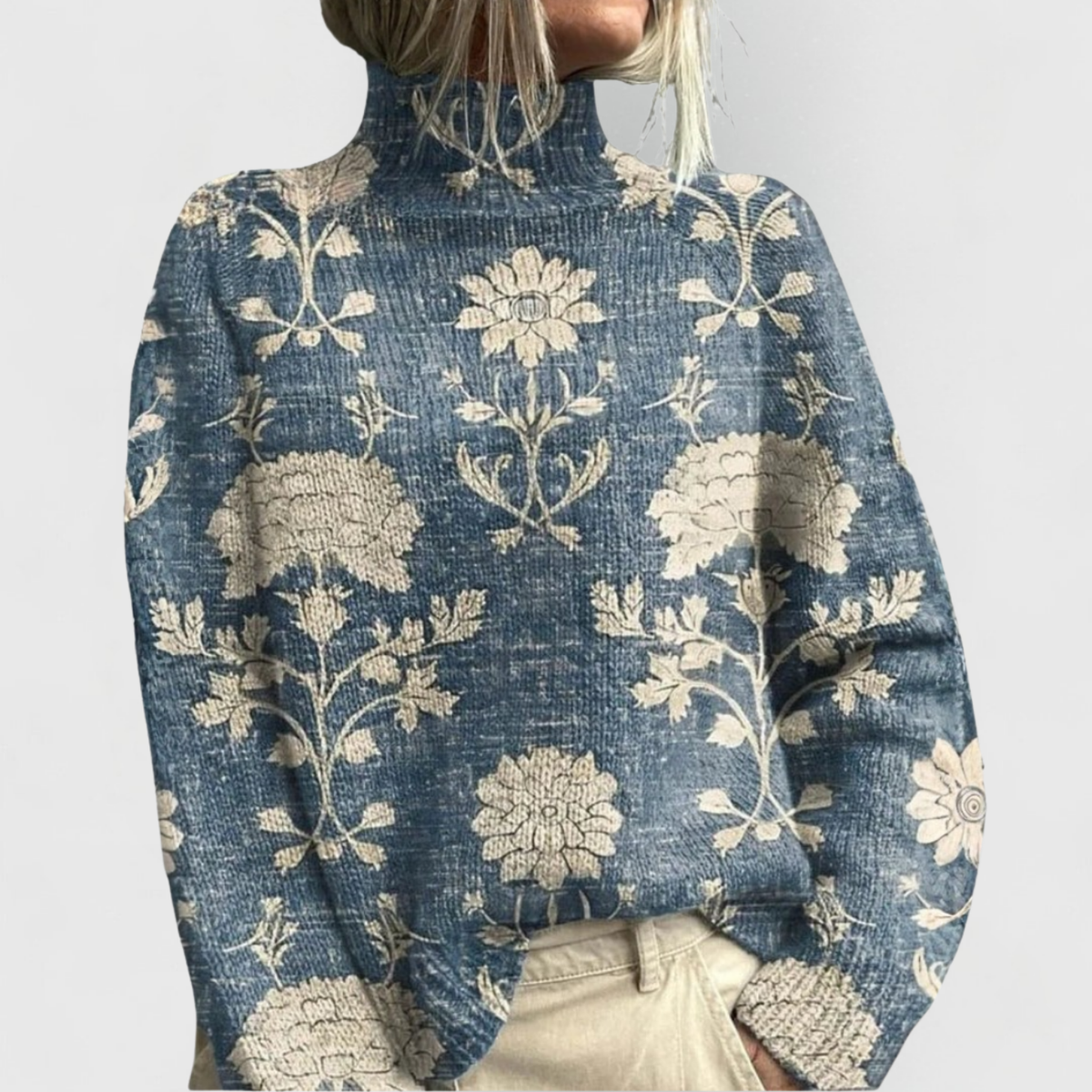 Damen-Pullover mit Rollkragen und Vintage-Blumenmuster