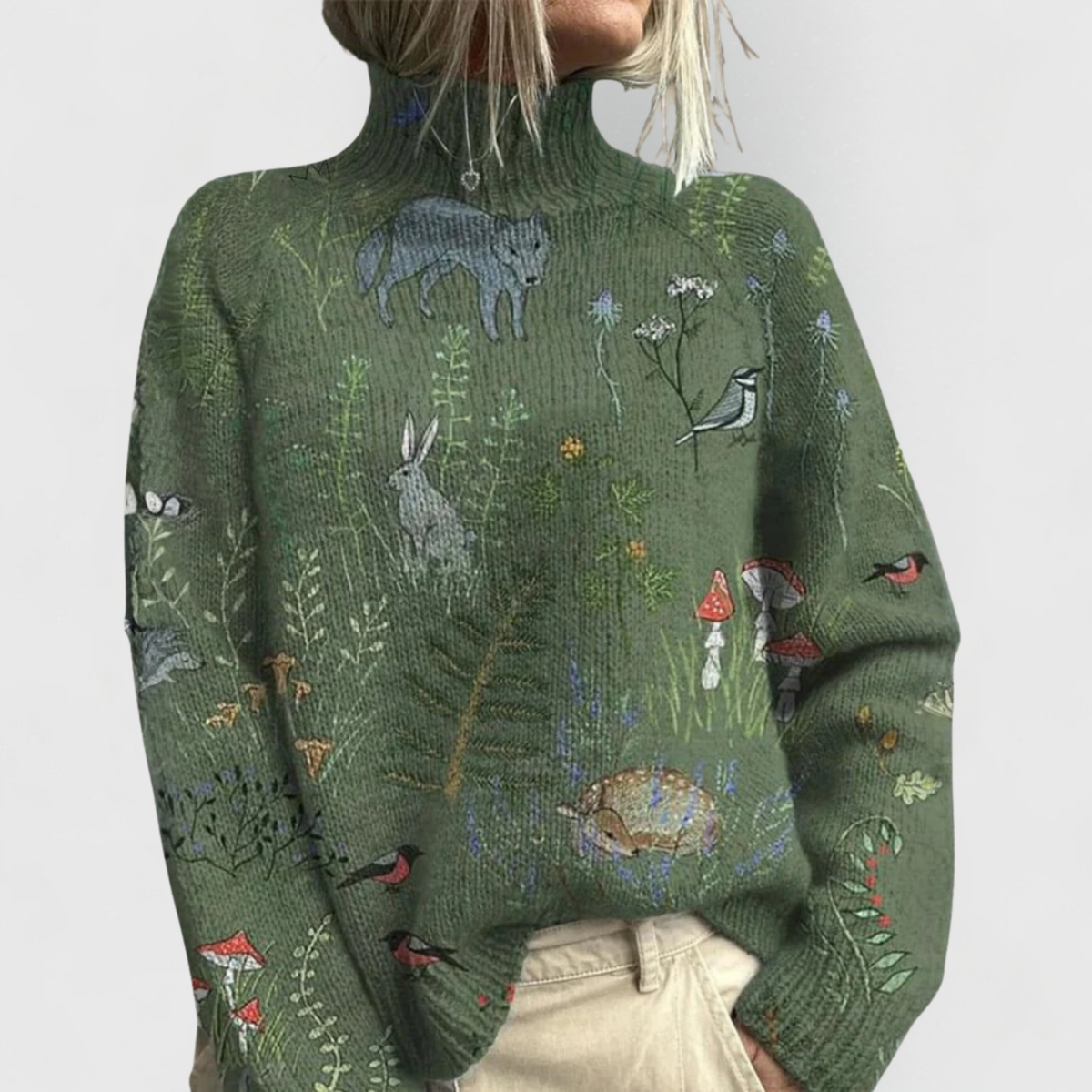 Damen-Pullover mit Rollkragen und Vintage-Blumenmuster