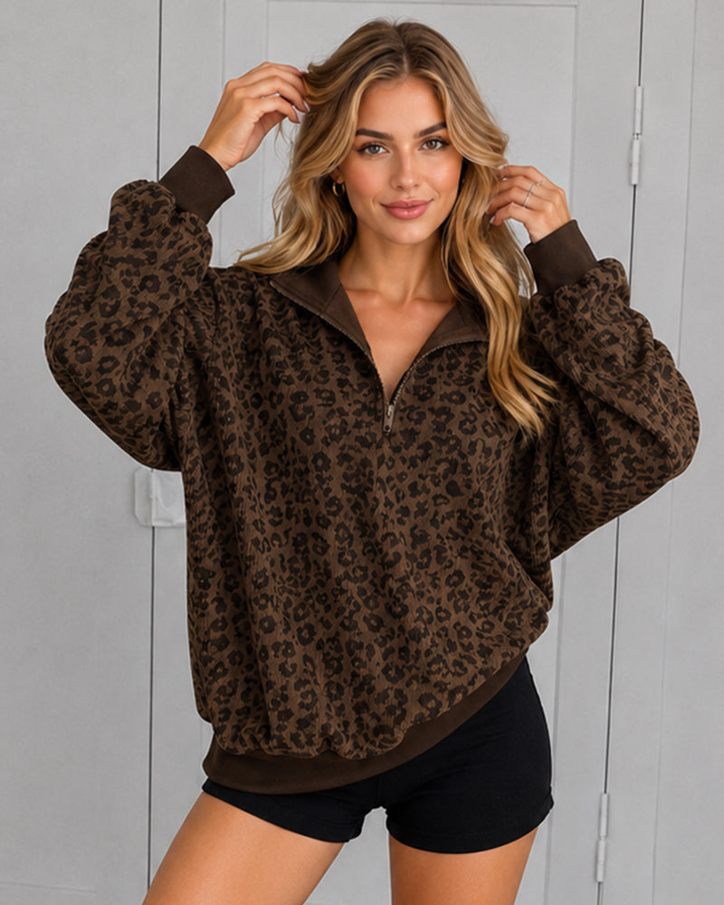 Leoparden-Print Oversized Pullover mit halbem Reißverschluss